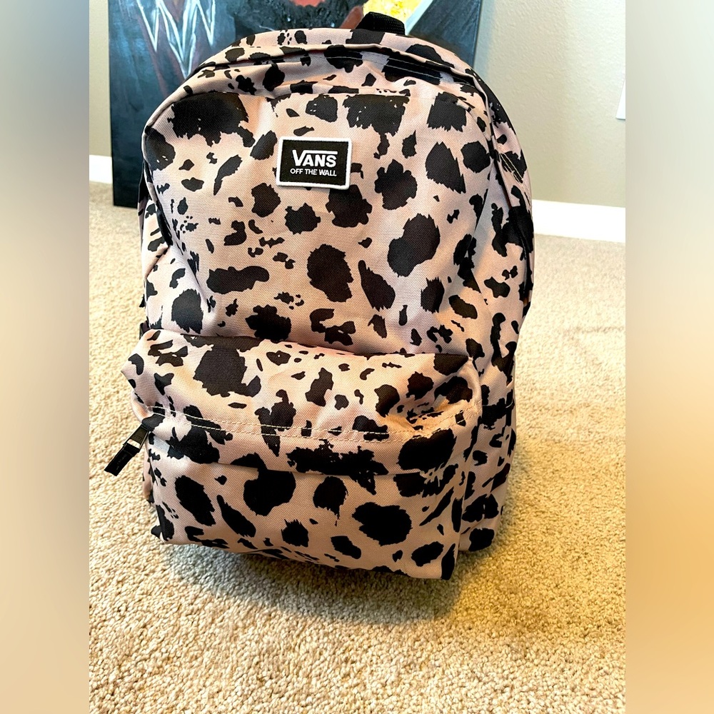 Vans tan and black cow print bookbag